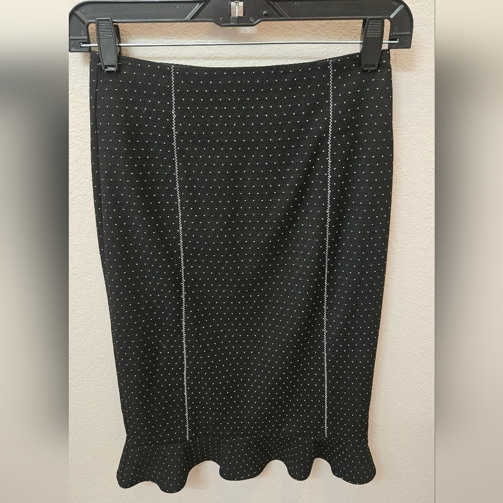 bebe Black Ruffle Hem Pencil Skirt with White Polka Dots